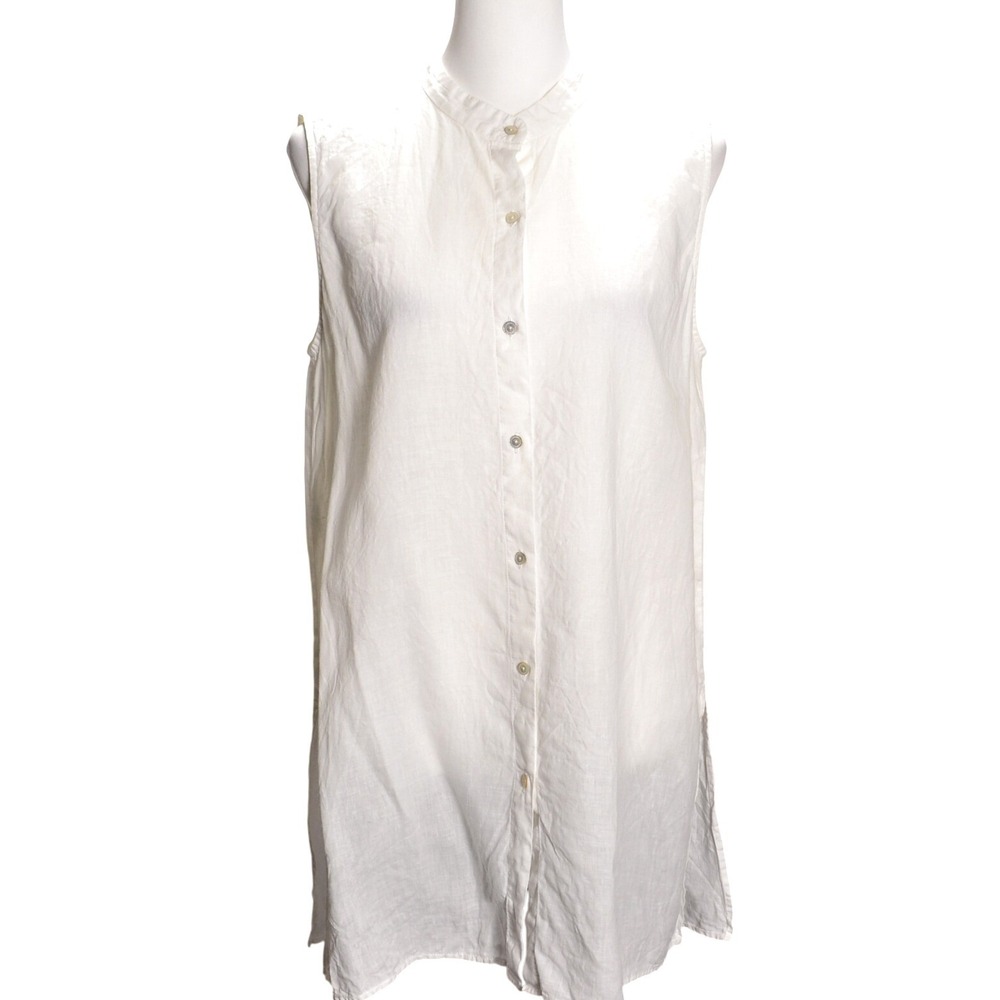 Eileen Fisher White Sleeveless Button Front Tunic Top Minimal Linen Core Medium‎